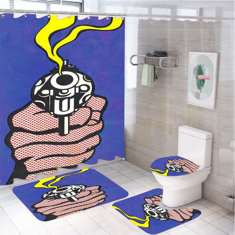 Roy Lichtenstein - Gun In America 4Pcs Bathroom Non-Slip Rugs Shower Curtain Fabric Waterproof