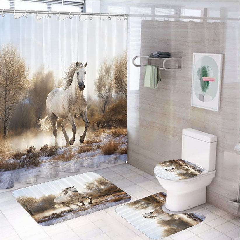 Running Horse 4Pcs Bathroom Non-Slip Rugs Shower Curtain Fabric Waterproof
