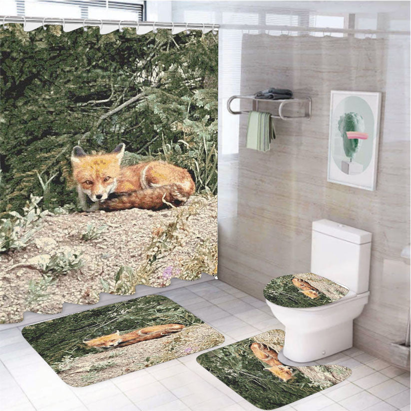 Rustic Woodland Forest Fox & Flowers 4Pcs Bathroom Non-Slip Rugs Shower Curtain Fabric Waterproof