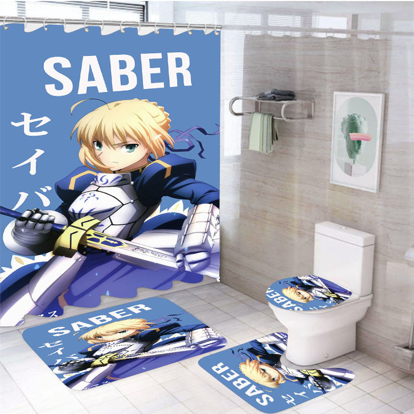 Saber Fate Stay Night Anime 4Pcs Bathroom Non-Slip Rugs Shower Curtain Fabric Waterproof