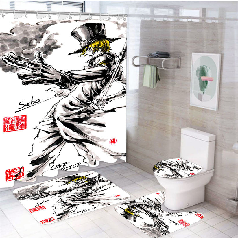 Sabo One Piece 4Pcs Bathroom Non-Slip Rugs Shower Curtain Fabric Waterproof