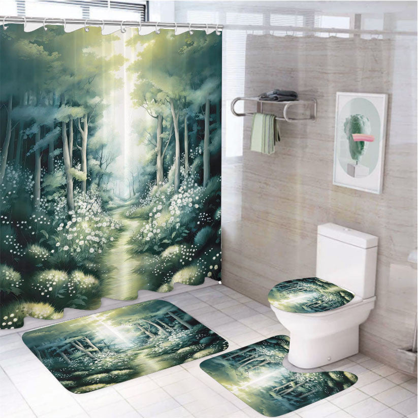 Sage Forest 4Pcs Bathroom Non-Slip Rugs Shower Curtain Fabric Waterproof
