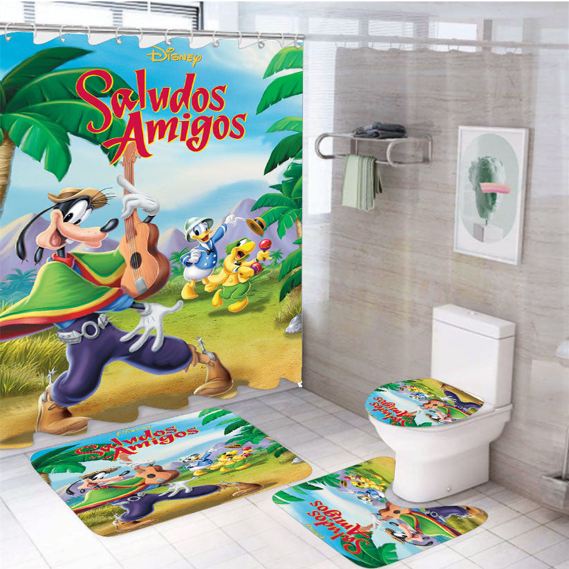 Saludos Amigos 4Pcs Bathroom Non-Slip Rugs Shower Curtain Fabric Waterproof