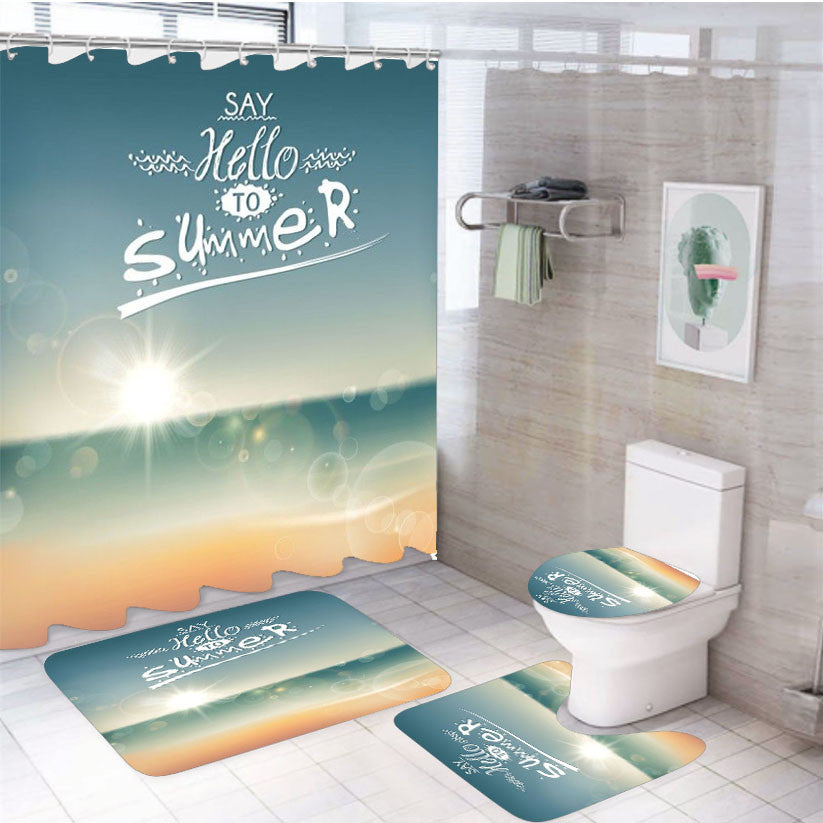 Say Hello To Summer 4Pcs Bathroom Non-Slip Rugs Shower Curtain Fabric Waterproof