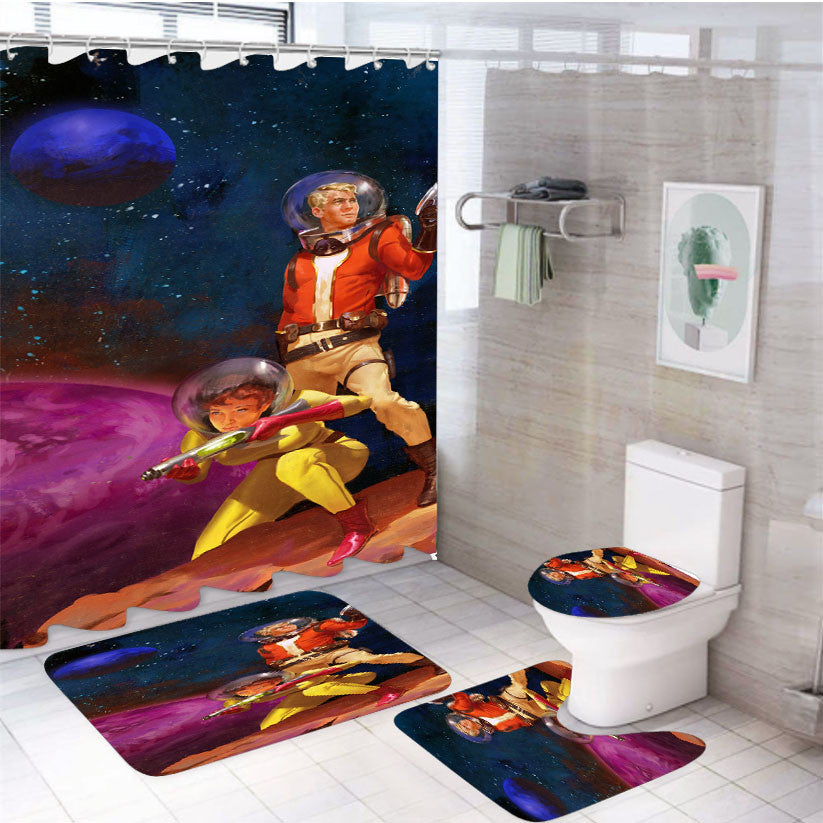Sci Fi Vintage 4Pcs Bathroom Non-Slip Rugs Shower Curtain Fabric Waterproof