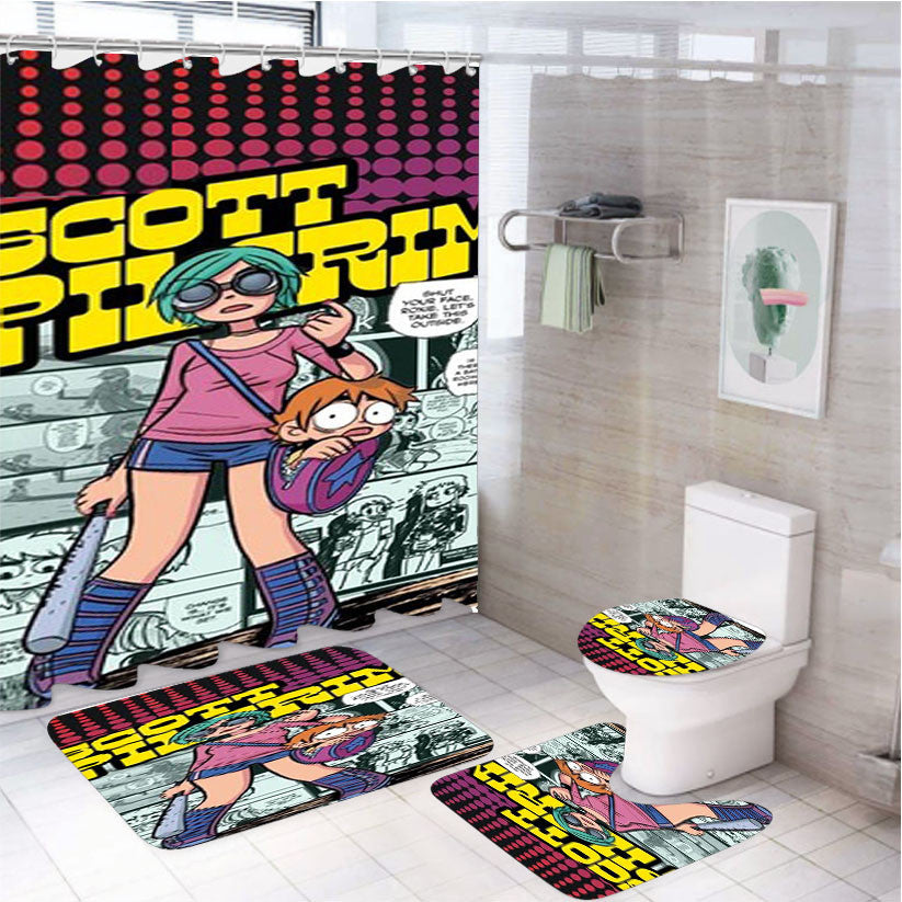 Scott Pilgrim 4Pcs Bathroom Non-Slip Rugs Shower Curtain Fabric Waterproof