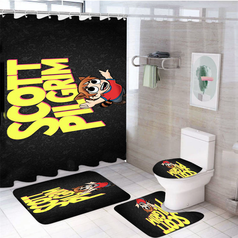 Scott Pilgrim Black Motif 4Pcs Bathroom Non-Slip Rugs Shower Curtain Fabric Waterproof
