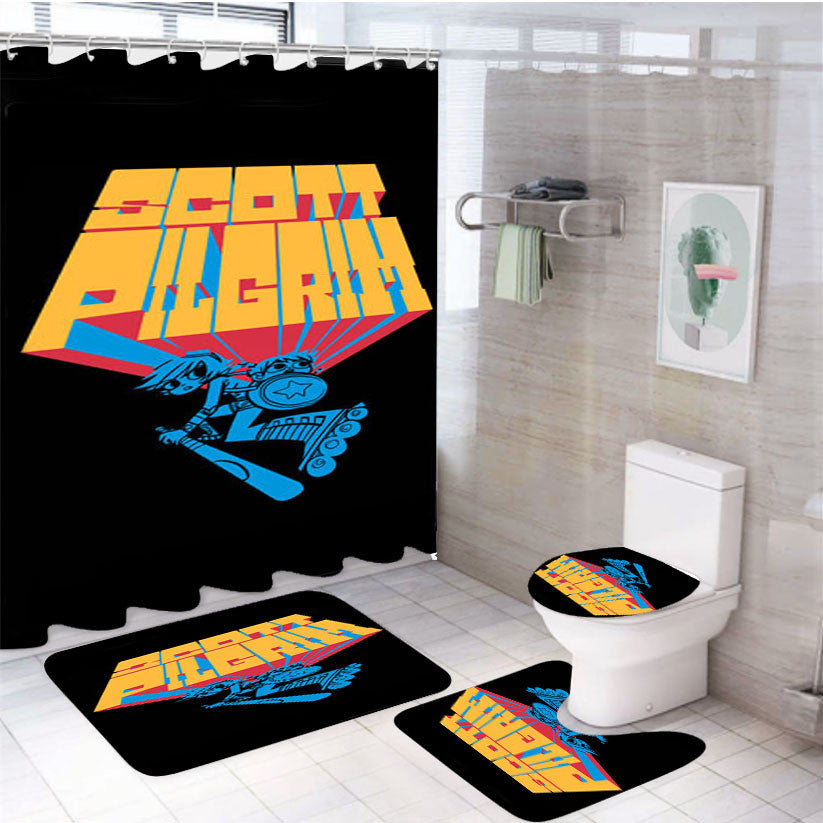 Scott Pilgrim New 4Pcs Bathroom Non-Slip Rugs Shower Curtain Fabric Waterproof