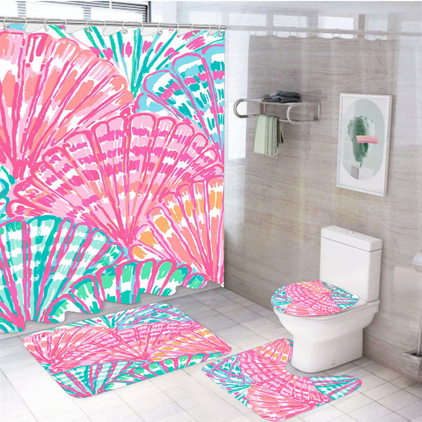 Sea Shells Lilly Pulitzer 4Pcs Bathroom Non-Slip Rugs Shower Curtain Fabric Waterproof