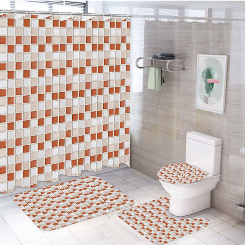 Seamless Mosaic Texture Abstract 4Pcs Bathroom Non-Slip Rugs Shower Curtain Fabric Waterproof
