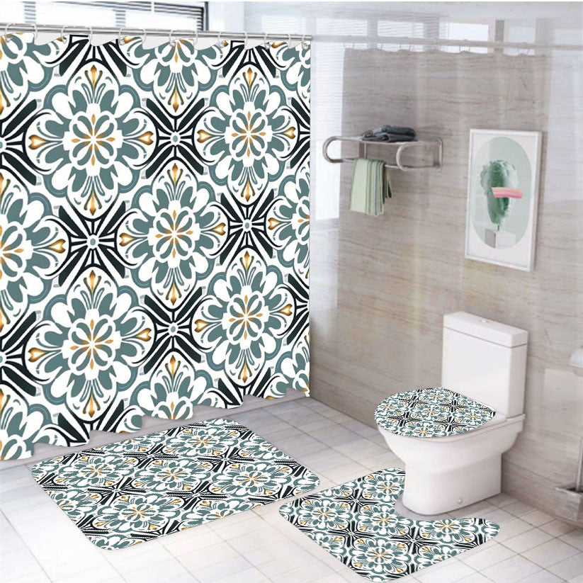 Seamless Pattern With A Geometric Desig 4Pcs Bathroom Non-Slip Rugs Shower Curtain Fabric Waterproof