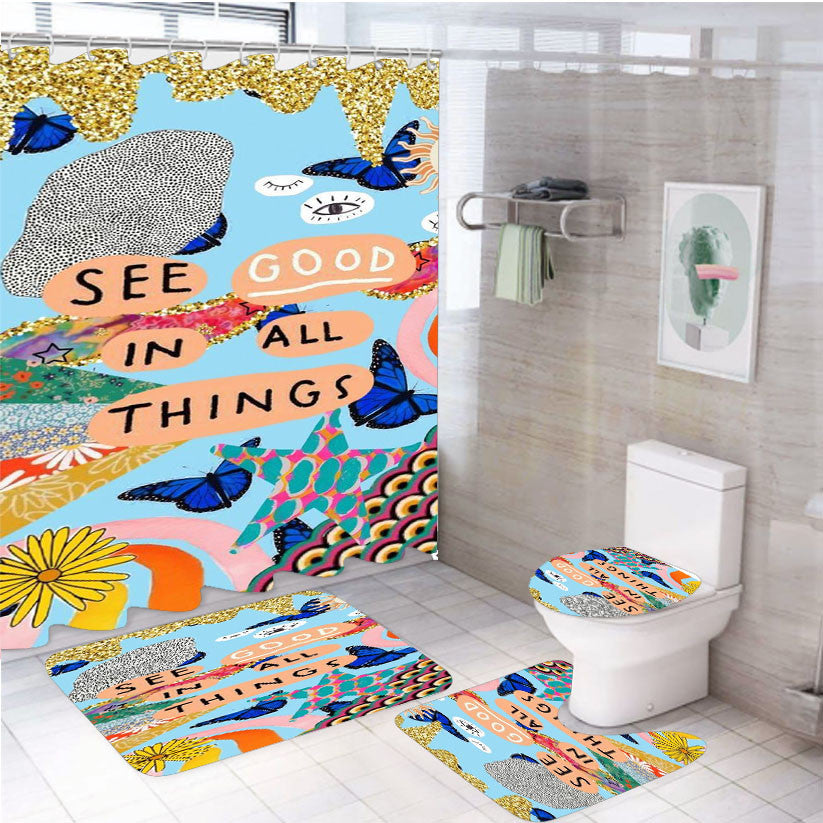See Good In Sll Things Glitter Pattern 4Pcs Bathroom Non-Slip Rugs Shower Curtain Fabric Waterproof
