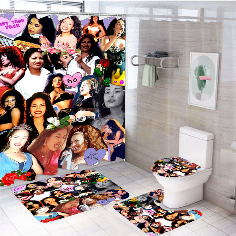Selena Quintanilla Los Dinos 4Pcs Bathroom Non-Slip Rugs Shower Curtain Fabric Waterproof