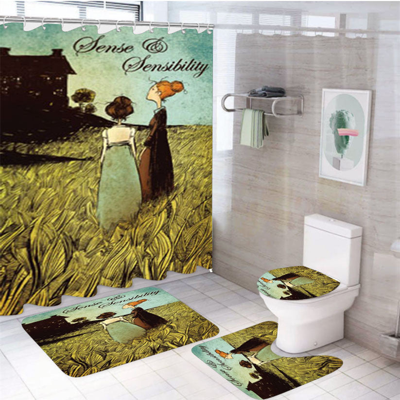 Sense And Sensibility 4Pcs Bathroom Non-Slip Rugs Shower Curtain Fabric Waterproof