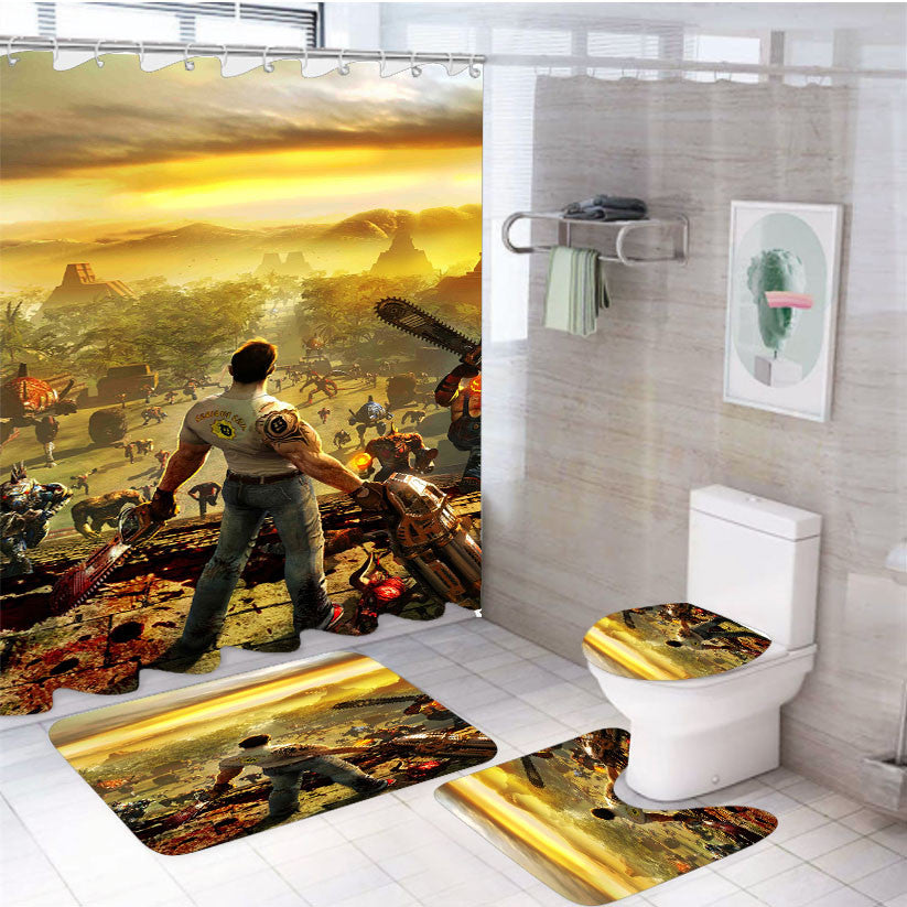 Serious Sam Cover 4Pcs Bathroom Non-Slip Rugs Shower Curtain Fabric Waterproof