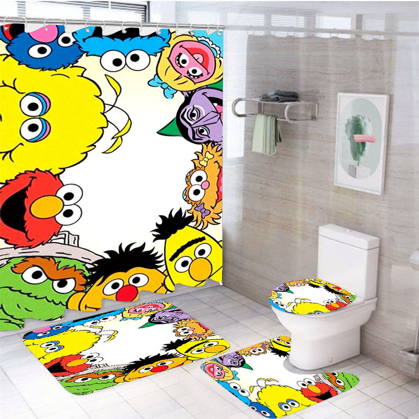 Sesame Street Character 4Pcs Bathroom Non-Slip Rugs Shower Curtain Fabric Waterproof