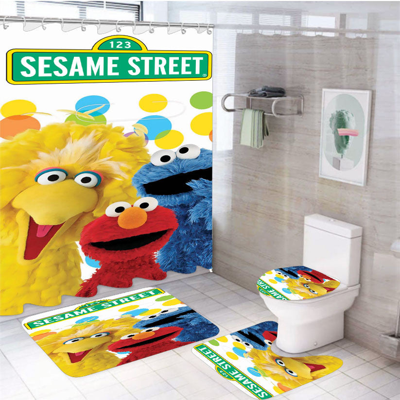 Sesame Street Poster 4Pcs Bathroom Non-Slip Rugs Shower Curtain Fabric Waterproof