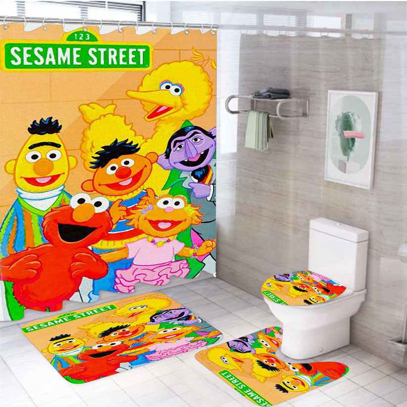 Sesame Street Sign Popular Doll Characters 4Pcs Bathroom Non-Slip Rugs Shower Curtain Fabric Waterproof