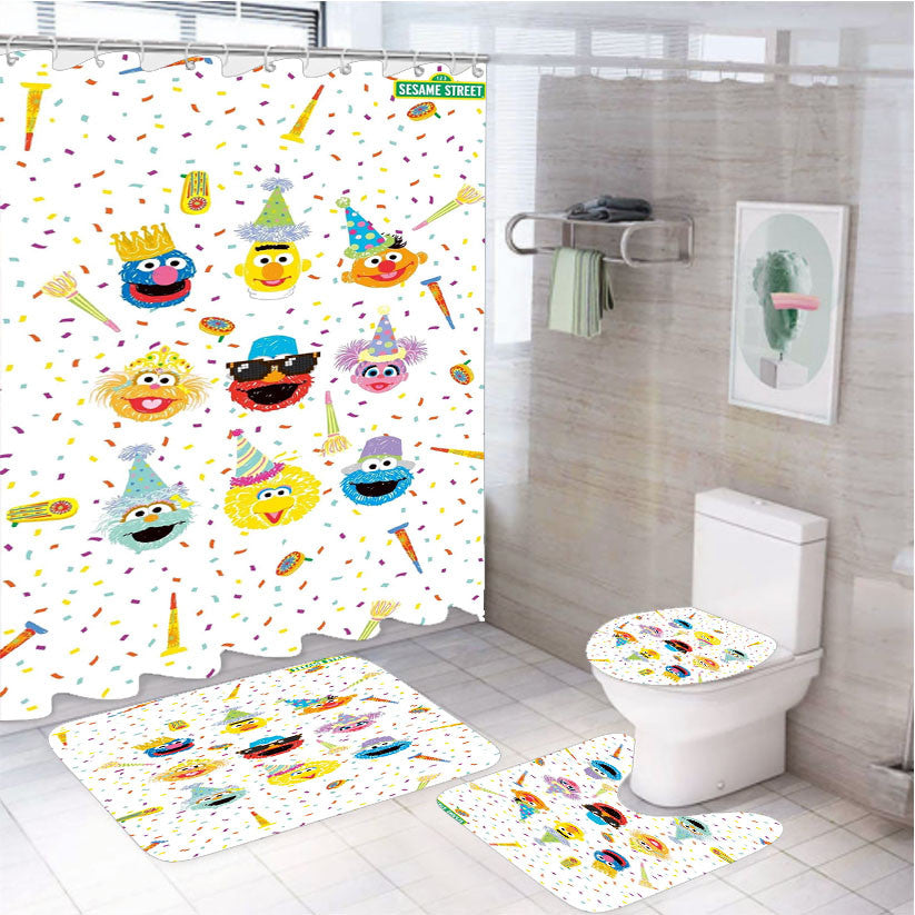 Sesame Street Wallpaper Pattern 4Pcs Bathroom Non-Slip Rugs Shower Curtain Fabric Waterproof