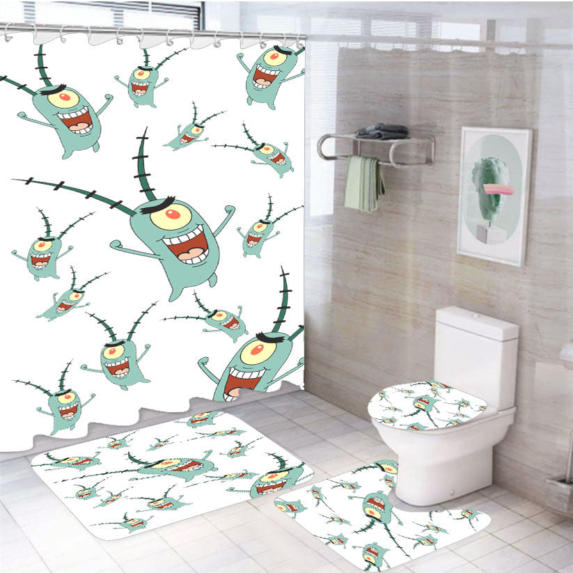 Sheldon J Plankton Pattern 4Pcs Bathroom Non-Slip Rugs Shower Curtain Fabric Waterproof