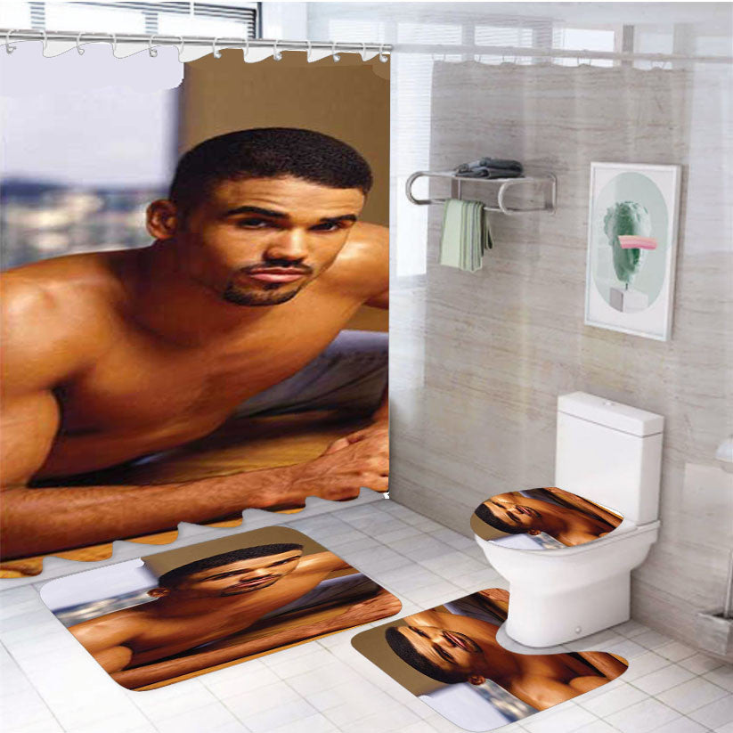 Shemar Moore 4Pcs Bathroom Non-Slip Rugs Shower Curtain Fabric Waterproof