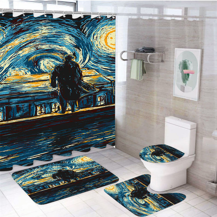 Sherlock Meet Van Gogh 4Pcs Bathroom Non-Slip Rugs Shower Curtain Fabric Waterproof