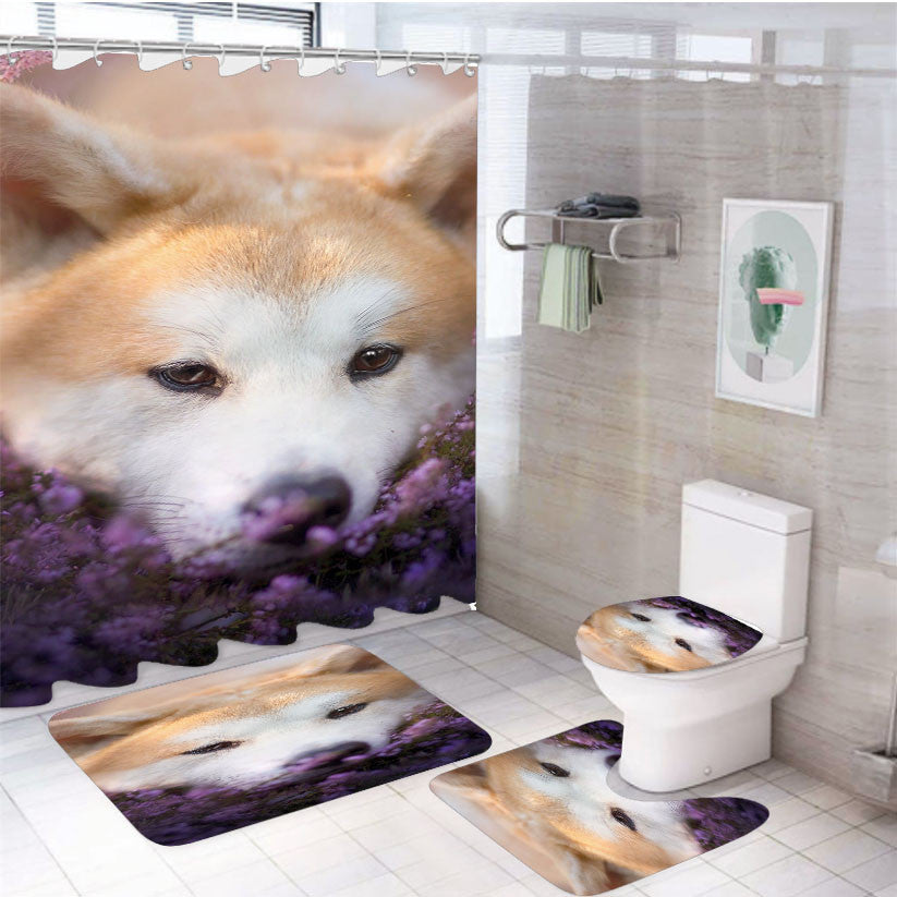 Shiba Inu Flowers Dog 4Pcs Bathroom Non-Slip Rugs Shower Curtain Fabric Waterproof