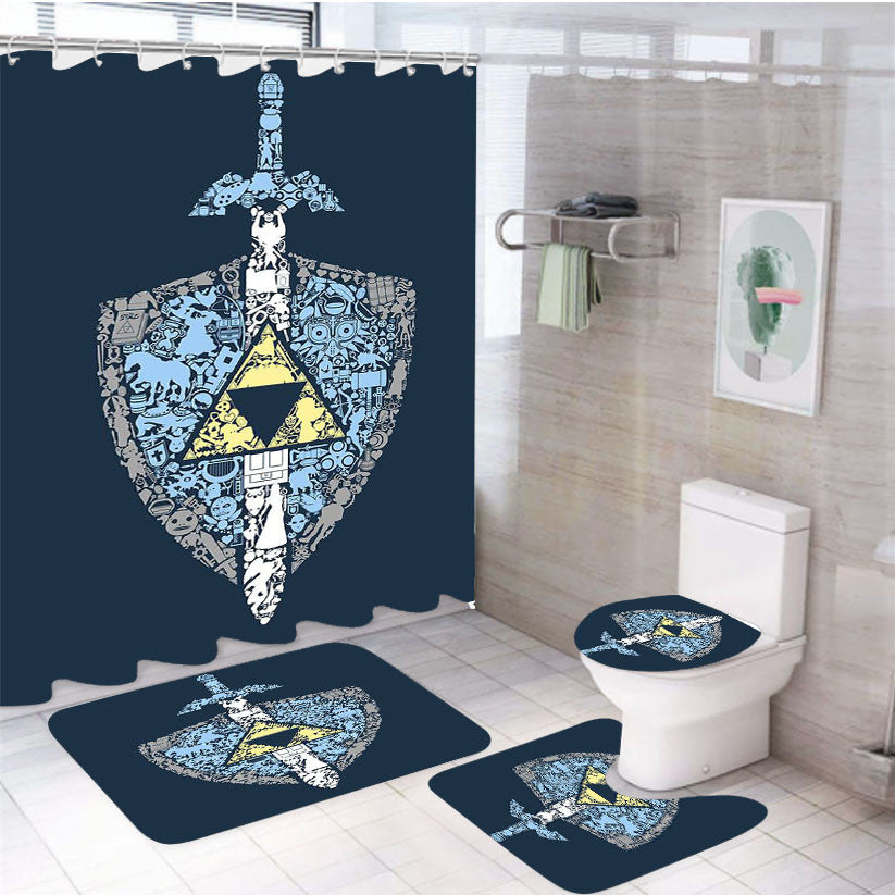 Shield Of Zelda 4Pcs Bathroom Non-Slip Rugs Shower Curtain Fabric Waterproof