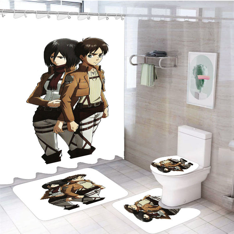 Shingeki No Kyojin Attack On Titan 4Pcs Bathroom Non-Slip Rugs Shower Curtain Fabric Waterproof