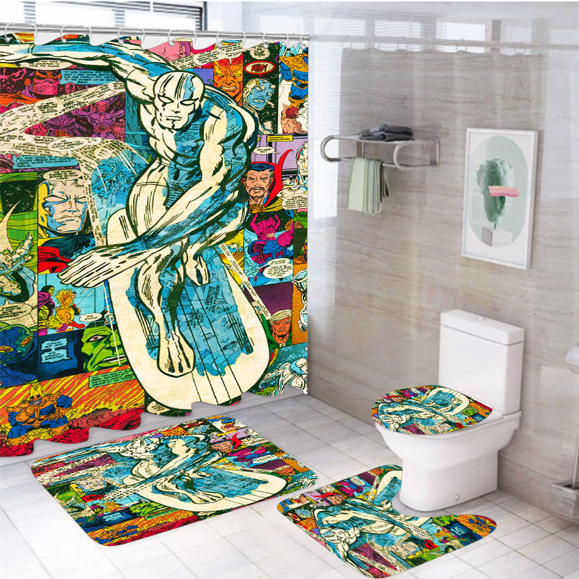 Silver Surfer Comic 4Pcs Bathroom Non-Slip Rugs Shower Curtain Fabric Waterproof