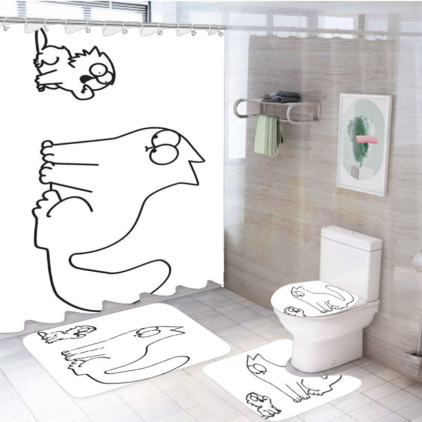 Simon Cat 4Pcs Bathroom Non-Slip Rugs Shower Curtain Fabric Waterproof