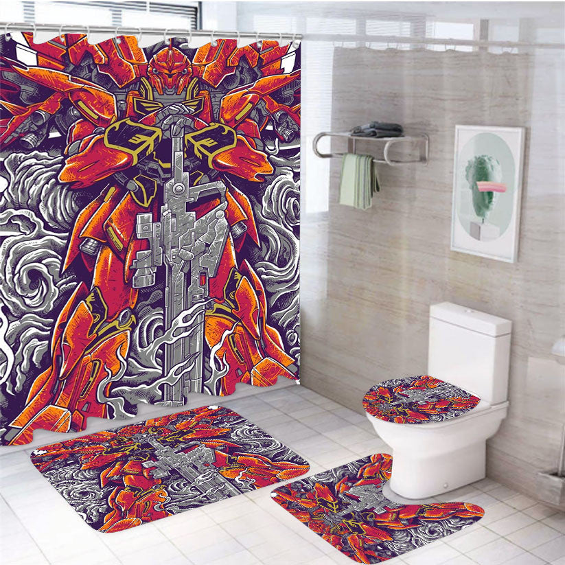 Sinanju Gundam Mecha 4Pcs Bathroom Non-Slip Rugs Shower Curtain Fabric Waterproof