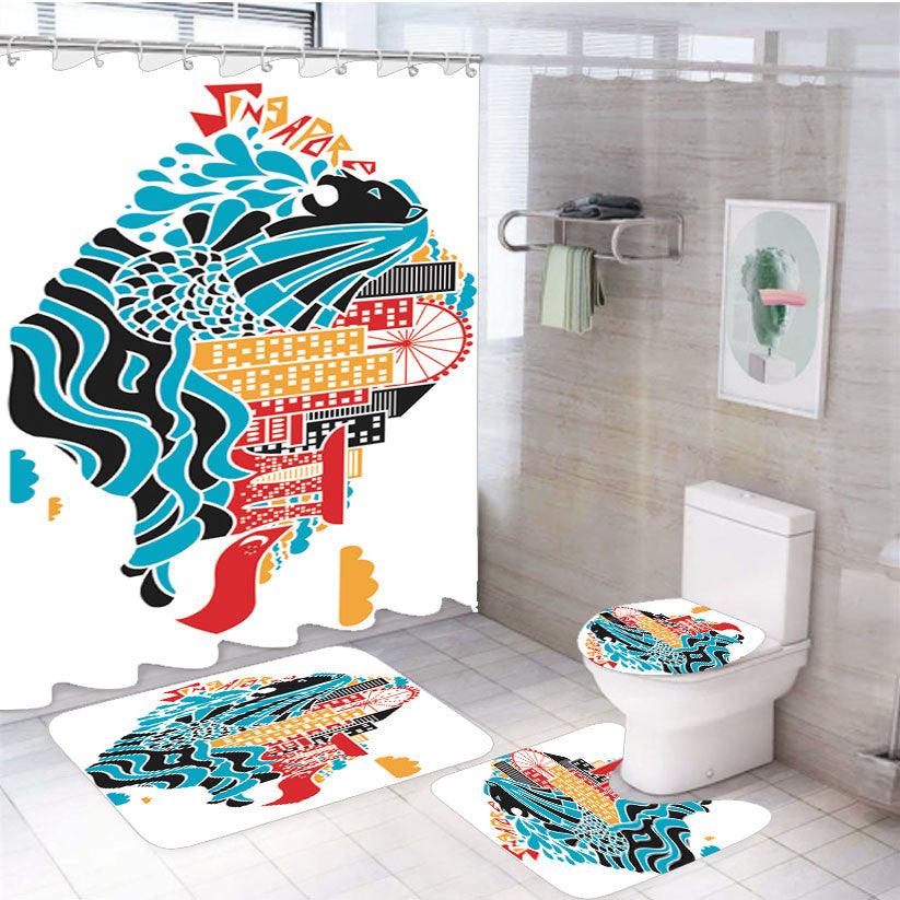 Singapore Art Cover 4Pcs Bathroom Non-Slip Rugs Shower Curtain Fabric Waterproof