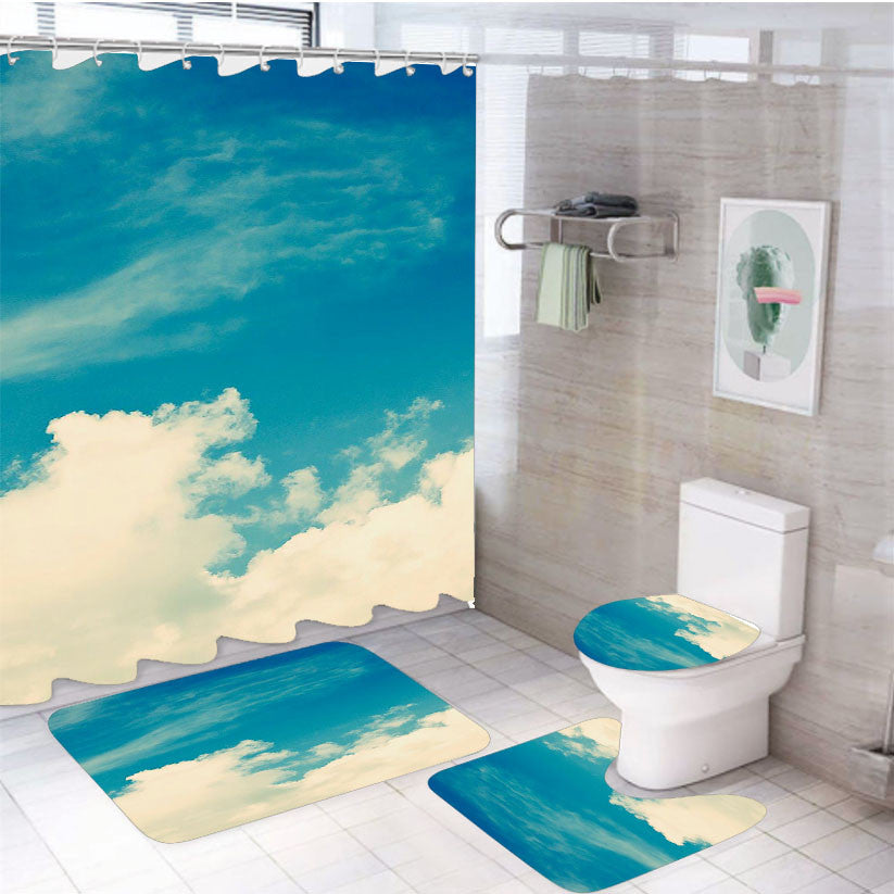 Sky Best Viem Blue 4Pcs Bathroom Non-Slip Rugs Shower Curtain Fabric Waterproof