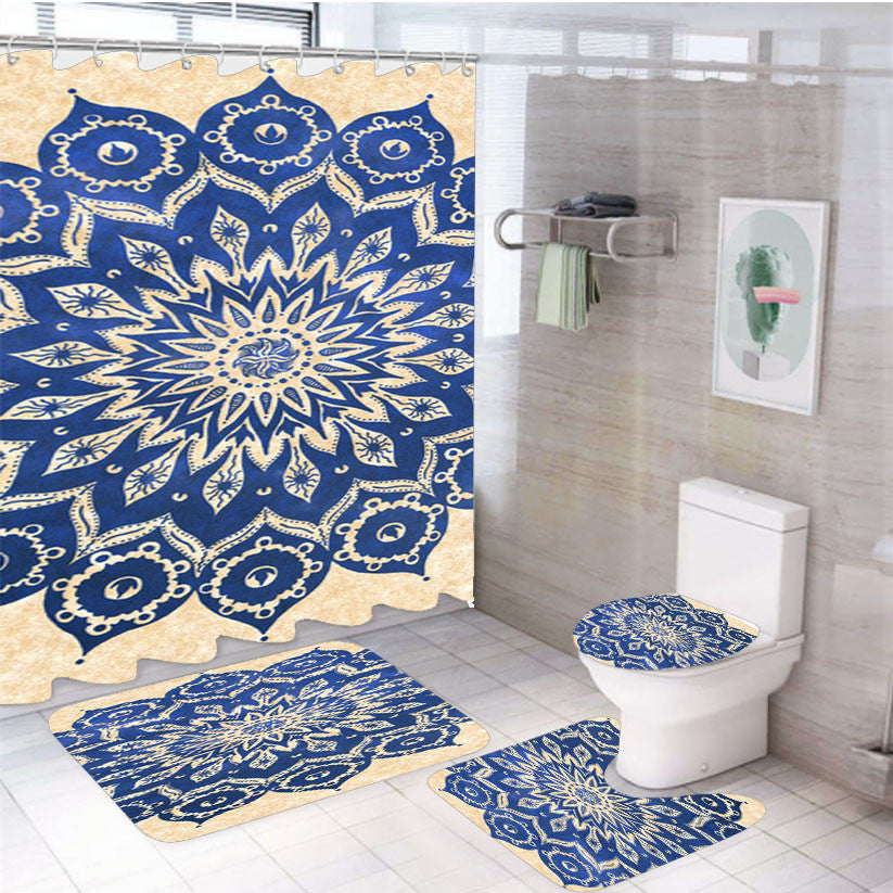 Sky Floral Mandala 4Pcs Bathroom Non-Slip Rugs Shower Curtain Fabric Waterproof