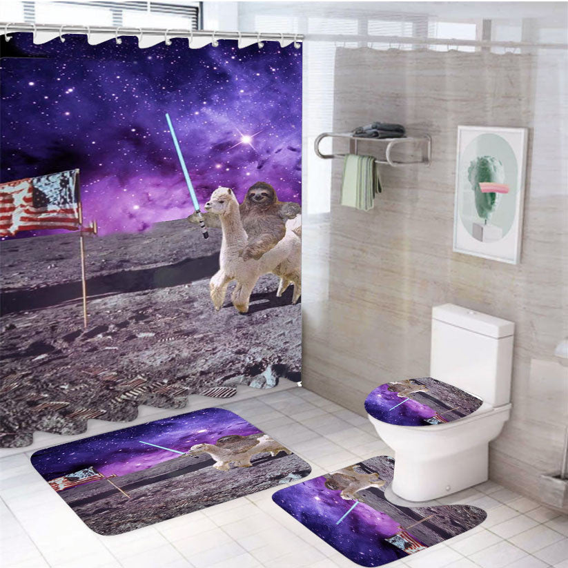 Sloth On Galaxy 4Pcs Bathroom Non-Slip Rugs Shower Curtain Fabric Waterproof