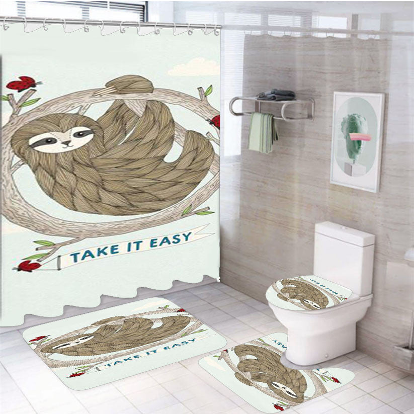 Sloth Take It Easy 4Pcs Bathroom Non-Slip Rugs Shower Curtain Fabric Waterproof