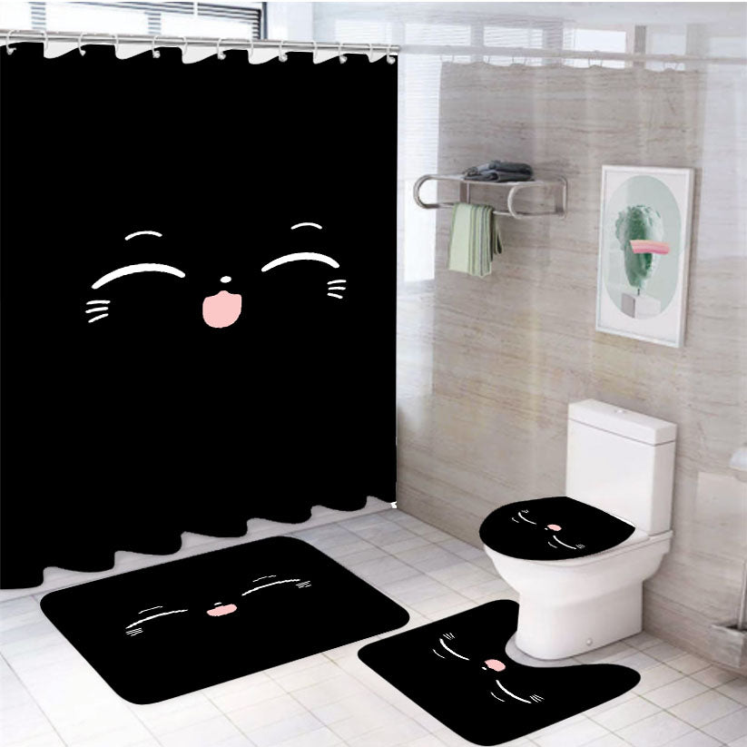 Smile Cat Lovely Animal Pattern Cartoon Black 4Pcs Bathroom Non-Slip Rugs Shower Curtain Fabric Waterproof