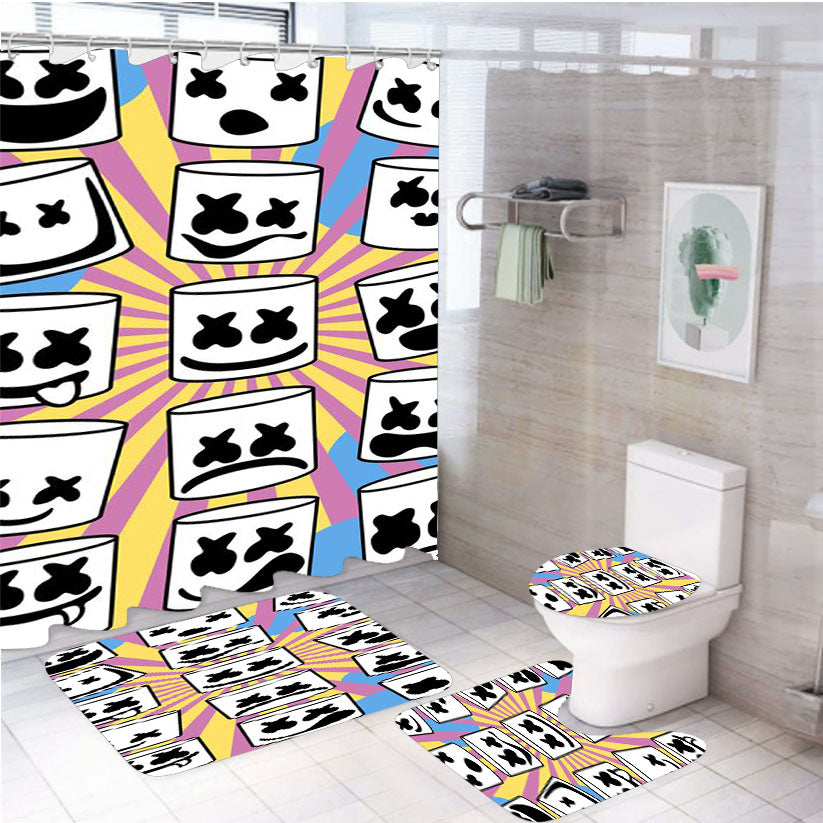 Smile Marshmellow Many Style Pattern 4Pcs Bathroom Non-Slip Rugs Shower Curtain Fabric Waterproof