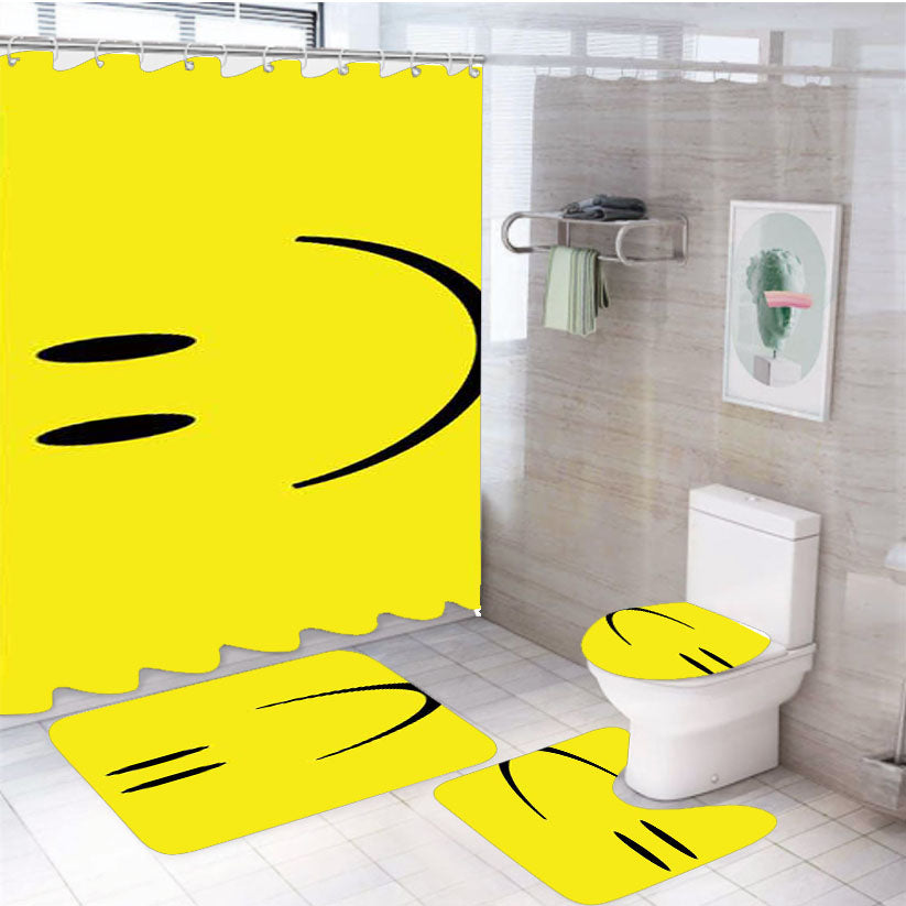 Smiley Face Basic 4Pcs Bathroom Non-Slip Rugs Shower Curtain Fabric Waterproof