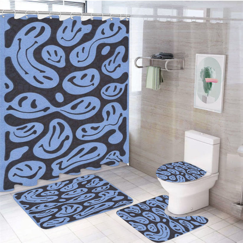 Smiley Melt Pattern Prot 4Pcs Bathroom Non-Slip Rugs Shower Curtain Fabric Waterproof