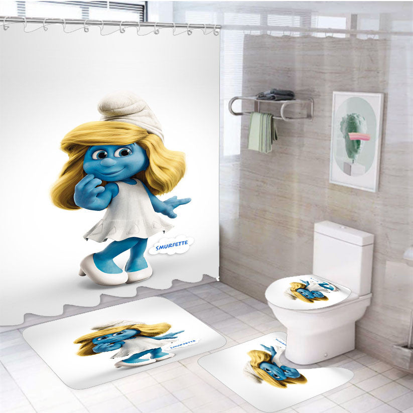 Smurfs Smurfette 4Pcs Bathroom Non-Slip Rugs Shower Curtain Fabric Waterproof