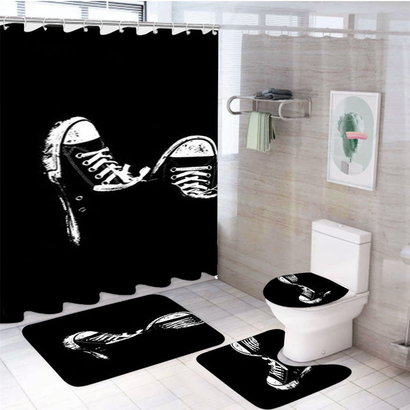 Sneakers Shoes 4Pcs Bathroom Non-Slip Rugs Shower Curtain Fabric Waterproof