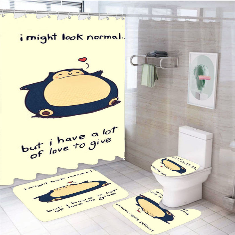 Snorlax Cute 4Pcs Bathroom Non-Slip Rugs Shower Curtain Fabric Waterproof