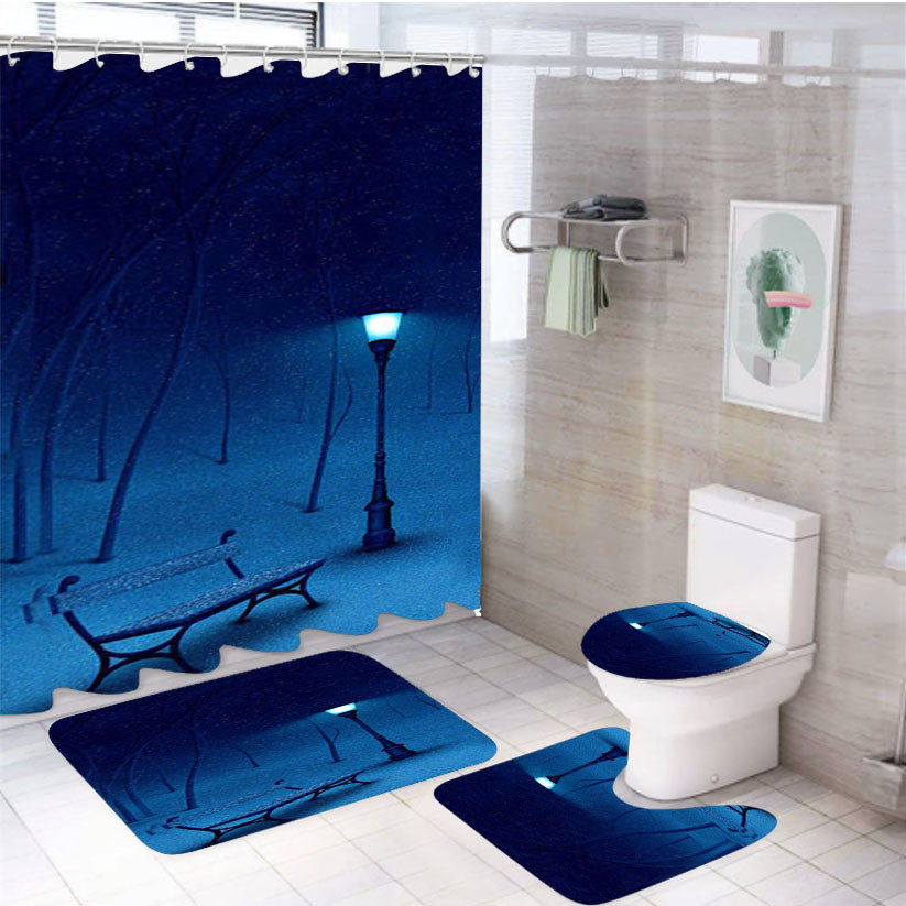 Snow And Lights 4Pcs Bathroom Non-Slip Rugs Shower Curtain Fabric Waterproof