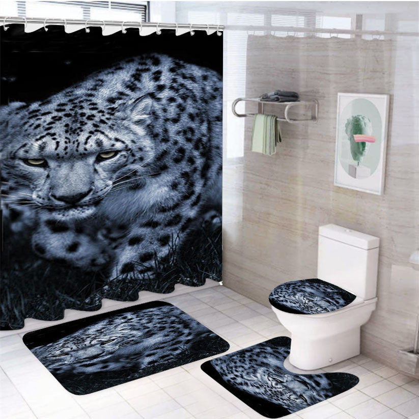 Snow Leopard Black 4Pcs Bathroom Non-Slip Rugs Shower Curtain Fabric Waterproof