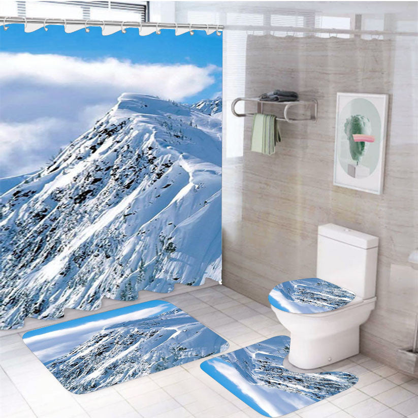 Snow Mountain 4Pcs Bathroom Non-Slip Rugs Shower Curtain Fabric Waterproof