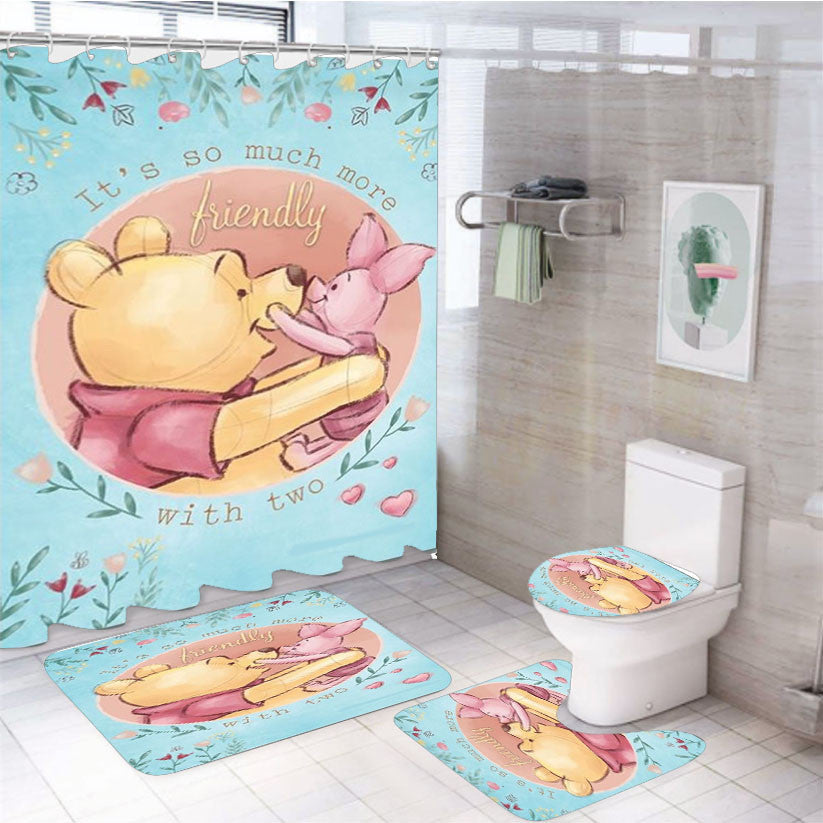 So Much More Friendly Pooh & Piglet 4Pcs Bathroom Non-Slip Rugs Shower Curtain Fabric Waterproof
