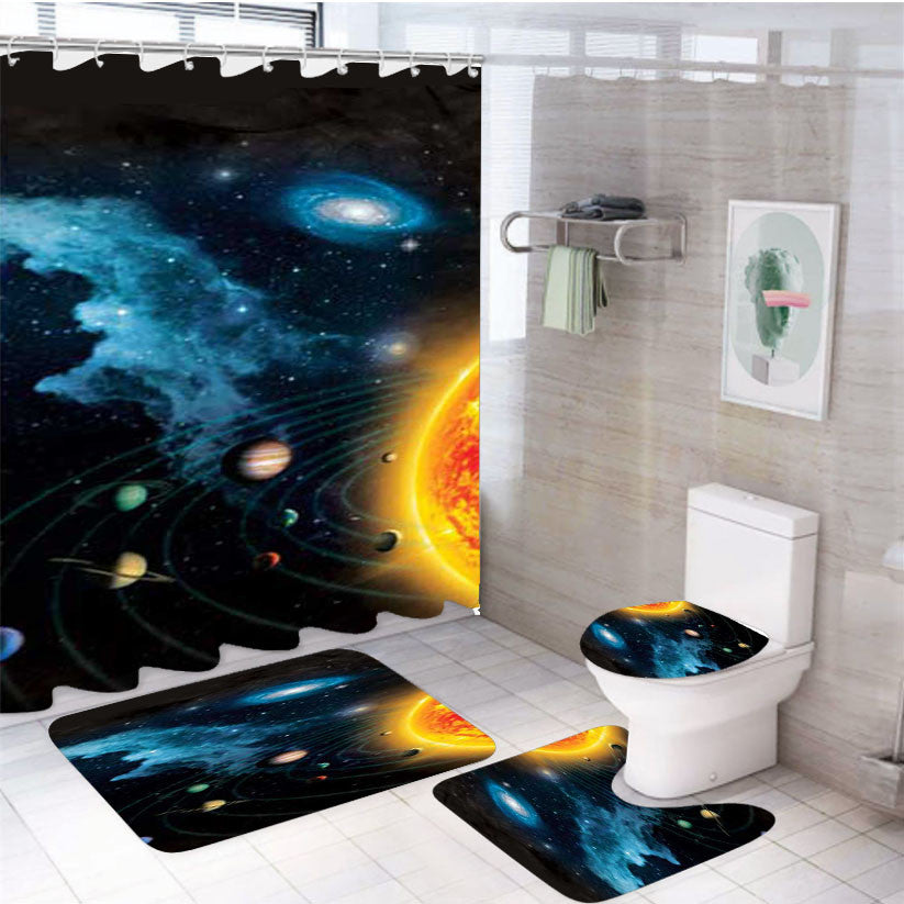 Solar System Chart 4Pcs Bathroom Non-Slip Rugs Shower Curtain Fabric Waterproof