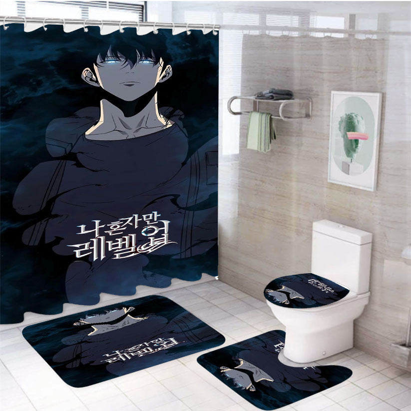 Solo Leveling Sung Jin Woo 4Pcs Bathroom Non-Slip Rugs Shower Curtain Fabric Waterproof